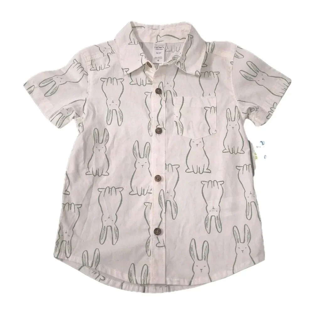 Carters Boys Easter Shirt Button Up Size 3T Bunny Rabbits Spring Festival Party